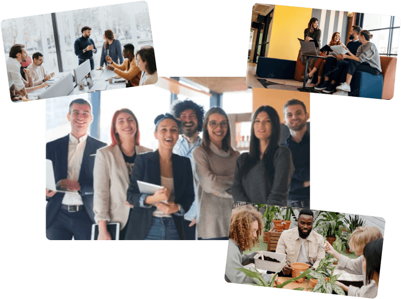 Community workspace collage showing diverse teams collaborating